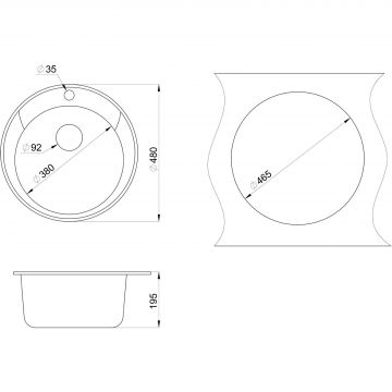 Кухонная мойка кварцевая Granula Standart ST-4802 односекционная круглая, стандарт, чаша D 380, цвет базальт (4802bt)