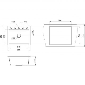 Кухонная мойка кварцевая Granula Kitchen Space с ролл-матом и дозатором KS-6003 квадратная, китчен спейс, чаша 380x540, цвет шварц (6003sv)