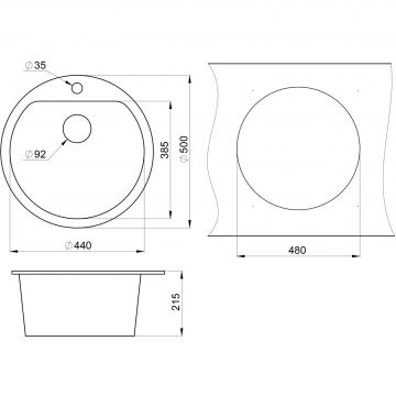 Кухонная мойка кварцевая Granula GR-5101 односекционная круглая, врезная, чаша 440x385, цвет графит (5101bg)