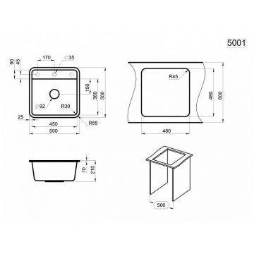 Мойка кухонная квадратная Granula Standart, чаша 450х360 мм, 5001 графит (черно-серый)