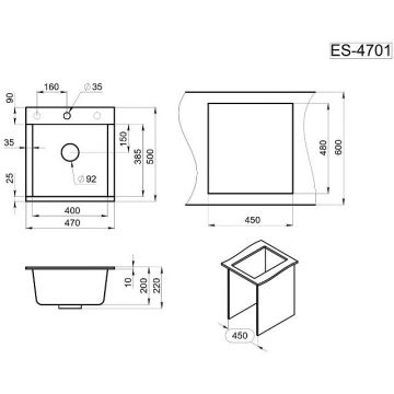 Мойка кухонная квадратная Granula Estetica с разделочной доской, чаша 400х385 мм, ES-4701 шварц (чёрный металлик)