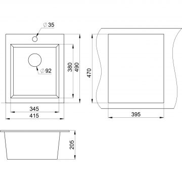 Кухонная мойка кварцевая Granula GR-4201 односекционная квадратная, врезная, чаша 345x380, цвет графит (4201bg)