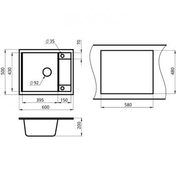 Кухонная мойка кварцевая Granula GR-6002 односекционная квадратная с крылом, врезная, чаша 395x430, цвет антик (6002an)
