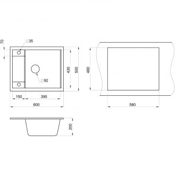 Кухонная мойка кварцевая Granula GR-6002 односекционная квадратная с крылом, врезная, чаша 395x430, цвет графит (6002bg)
