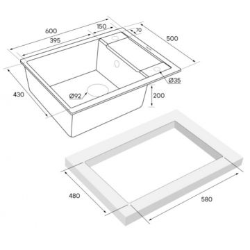 Мойка кухонная Paulmark (Паульмарк) кварцевая 1 чаша, с крылом, Optimum PM216050-GR Серый 500х600