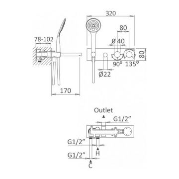 Смеситель с термостатом для ванны, для душа Cezares (Цезарис) Articoli Vari хром (CZR-B-VDM1-T-01)