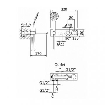 Смеситель с термостатом для ванны, для душа Cezares (Цезарис) Articoli Vari черный (CZR-B-VDM1-T-NOP)