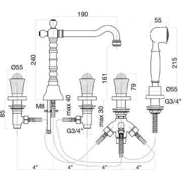 Смеситель на борт ванны Fiore (Фиоре) Venere Sky (Swarovski) 13CO0607, хром/золото