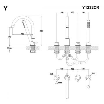 Смеситель для ванны на 4 отверстия Whitecross (Вайткросс) Y Y1232GLB (брашированное золото)