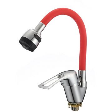 Смеситель для кухни с гибким изливом D-Lin (Д-Лин) D150422-4T, хром/красный
