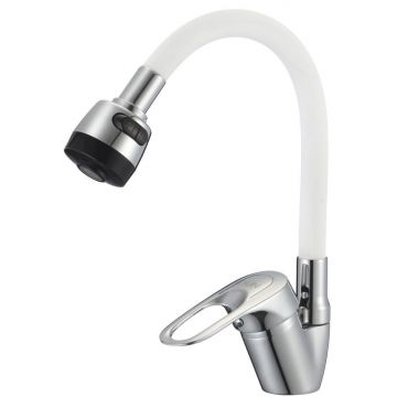 Смеситель для кухни с гибким изливом D-Lin (Д-Лин) D150628-3T, хром/белый