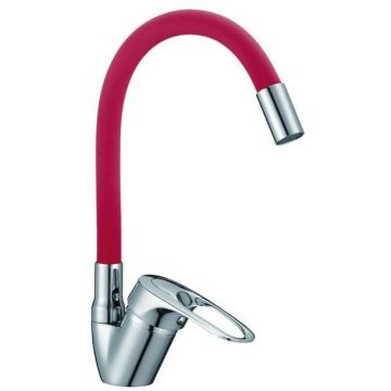 Смеситель для кухни с гибким изливом D-Lin (Д-Лин) D150628-4C, хром/красный