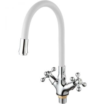 Смеситель для кухни с гибким изливом D-Lin (Д-Лин) D153810-3, хром/белый