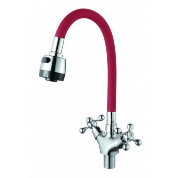 Смеситель для кухни с гибким изливом D-Lin (Д-Лин) D153810-4T, хром/красный