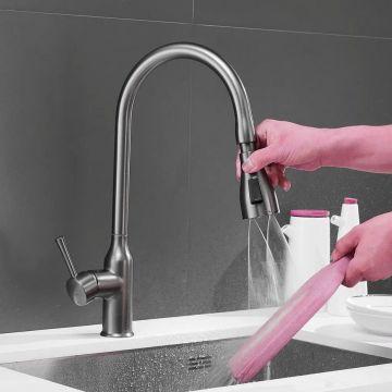 Смеситель для кухни с выдвижным изливом Shevanik (Шеваник) S163T, оружейная сталь