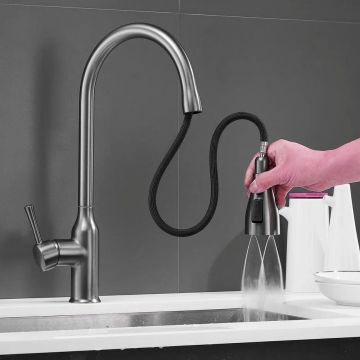 Смеситель для кухни с выдвижным изливом Shevanik (Шеваник) S163T, оружейная сталь