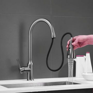 Смеситель для кухни с выдвижным изливом Shevanik (Шеваник) S163T, оружейная сталь