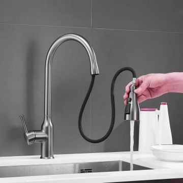 Смеситель для кухни с выдвижным изливом Shevanik (Шеваник) S163T, оружейная сталь