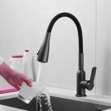 Смеситель для кухни с гибким изливом Shevanik (Шеваник) S843T-3, оружейная сталь/черный