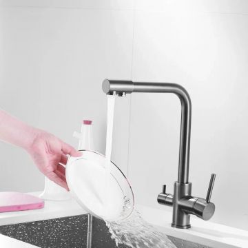 Смеситель для кухни с подключением фильтра Shevanik (Шеваник) S328T, оружейная сталь