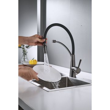 Смеситель для кухни с подключением фильтра Shevanik (Шеваник) S743T-3, оружейная сталь/черный