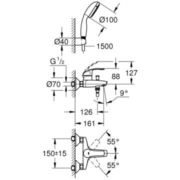 Смеситель для ванны Grohe (Гроэ) Eurosmart с душевым гарнитуром, хром (3330220A)