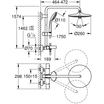 Душевая система Grohe (Гроэ) Euphoria 260 с термостатом для ванны, высокая штанга 1574 мм, хром (27475002)