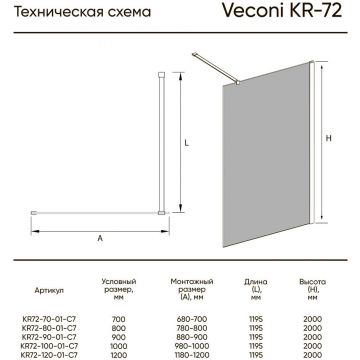 Душевая перегородка Veconi Korato KR72-70-01-C7 70х200 см профиль хром, стекло прозрачное