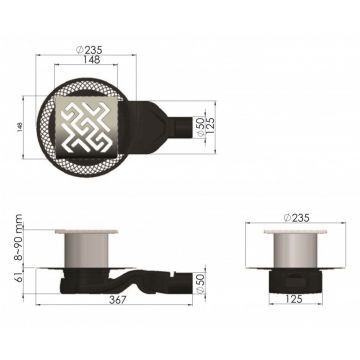 Трап Berges (Бергес) водосток напольный Platz Antik 150х150 нержавеющая сталь, матовый хром, S-сифон боковой