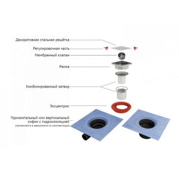 Трап Berges (Бергес) водосток напольный Zentrum Norma 150х150 нержавеющая сталь, матовый хром, S-сифон вертикальный