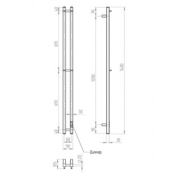 Полотенцесушитель электрический Двин (Dveen) X-2 plaza neo 140х8 см, К диммер квадрат полированный хром