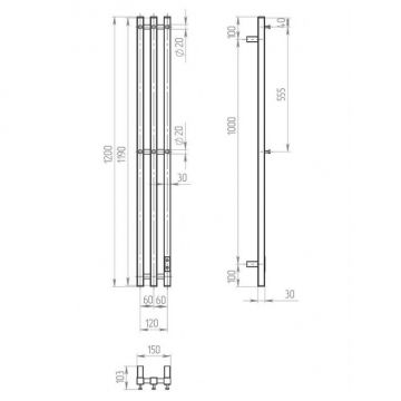 Полотенцесушитель электрический Двин (Dveen) X-3 plaza neo 120х12 см, К диммер квадрат полированный хром