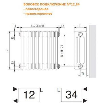 Радиатор секционный Arbonia (Арбония) 3050/8 боковое подключение (без накладок) № 12 3/4″ RAL 9016 Белый