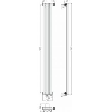 Радиатор однорядный коаксиальный Сунержа Эстет-0 EU50 правый 1200х135 мм 3 секции 032-0321-1203