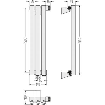 Радиатор однорядный коаксиальный Сунержа Эстет-0 EU50 правый 500х135 мм 3 секции 30-0321-5003