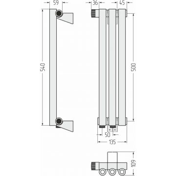 Радиатор однорядный коаксиальный Сунержа Эстет-0 EU50 левый 500х135 мм 3 секции 022-0320-5003