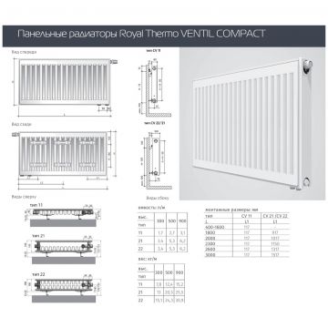 Радиатор панельный Royal Thermo (Роял Термо) с нижней подводкой Ventil compact 500х800 мм (VC21-500-800/9016)