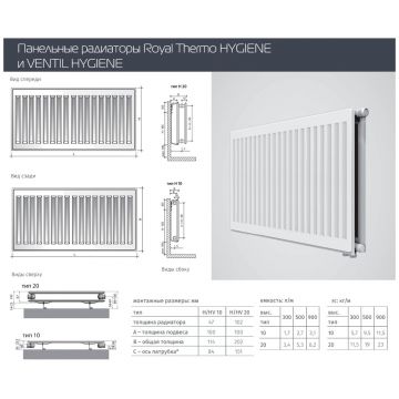 Радиатор панельный Royal Thermo (Роял Термо) с боковой подводкой Hygiene 500х800 мм (H10-500-800/9016)