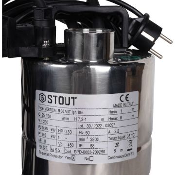 Насос дренажный Stout (Стаут) с вертикальным поплавком кабель 10 м 230V Q=150 л/мин H=8 м (SPD-0003-200250)