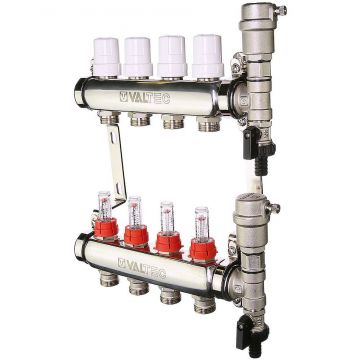 Коллекторный блок Valtec (Вальтек) из нерж. стали с регул. клап. и расх., 1″х7 вых. Евроконус 3/4″ (VTc.589.EMNX.0607)