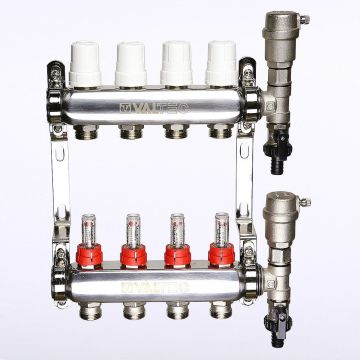 Коллекторный блок Valtec (Вальтек) из нерж. стали с регул. клап. и расх., 1″х7 вых. Евроконус 3/4″ (VTc.589.EMNX.0607)