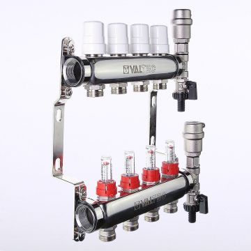 Коллекторный блок Valtec (Вальтек) из нерж. стали с регул. клап. и расх., 1″х7 вых. Евроконус 3/4″ (VTc.589.EMNX.0607)