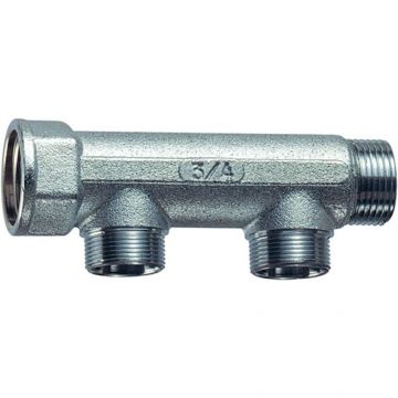 Хромир.проходн.коллектор Far (Фар) 3/4″ ВР-НР 2 отводами 1/2″ НР под плоск.уплотн. FK 3475 34TP