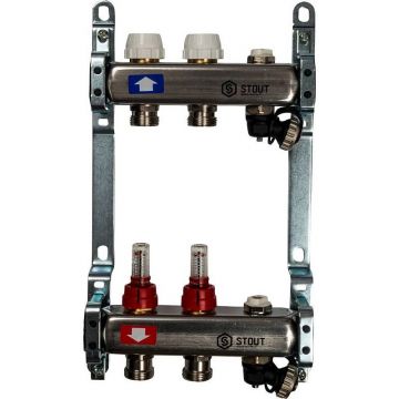 Коллектор Stout (Стаут) из нержавеющей стали с расходомерами, с клапаном вып. воздуха и сливом 2 вых. (SMS-0927-000002)