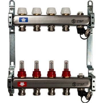 Коллектор Stout (Стаут) из нержавеющей стали с расходомерами, с клапаном вып. воздуха и сливом 4 вых. (SMS-0927-000004)