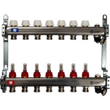 Коллектор Stout (Стаут) из нержавеющей стали с расходомерами, с клапаном вып. воздуха и сливом 7 вых. (SMS-0927-000007)