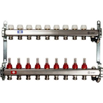 Коллектор Stout (Стаут) из нержавеющей стали с расходомерами, с клапаном вып. воздуха и сливом 9 вых. (SMS-0927-000009)