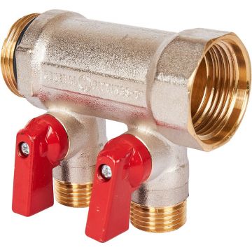 Коллектор Stout (Стаут) с шаровыми кранами 1″, 2 отвода 1/2″ красные ручки (SMB 6210 011202)