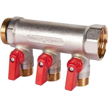 Коллектор Stout (Стаут) с шаровыми кранами 1″, 3 отвода 1/2″ красные ручки (SMB 6210 011203)