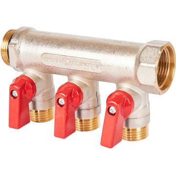 Коллектор Stout (Стаут) с шаровыми кранами 3/4″, 3 отвода 1/2″ красные ручки (SMB 6210 341203)